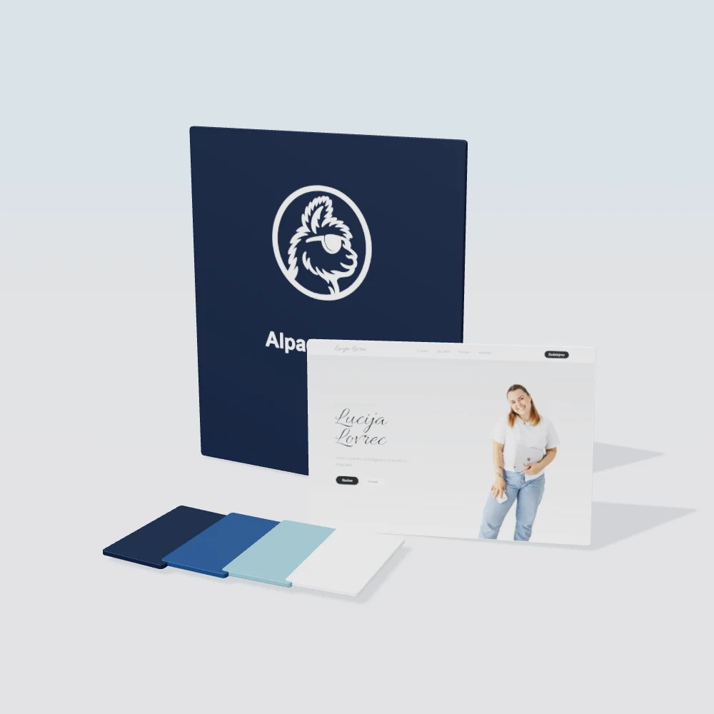 Logotip Alpaco Labs, primer spletne strani Lucije Lovrec in usklajena barvna paleta.